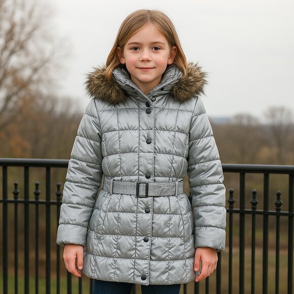 Poivre Blanc Kids Metallic Silver Hooded Puffer Jacket Coats Sz 10 - Picture 1 of 9